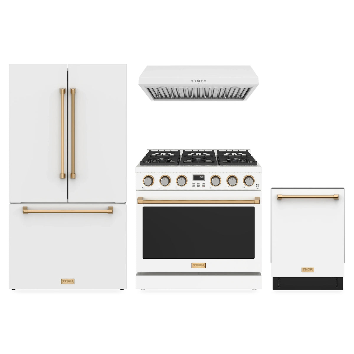 Thor Kitchen 4-Piece Appliance Package - 36-Inch Natural Gas Range, Counter-Depth Refrigerator, Under Cabinet Hood, & Dishwasher in White with Bronze Trim