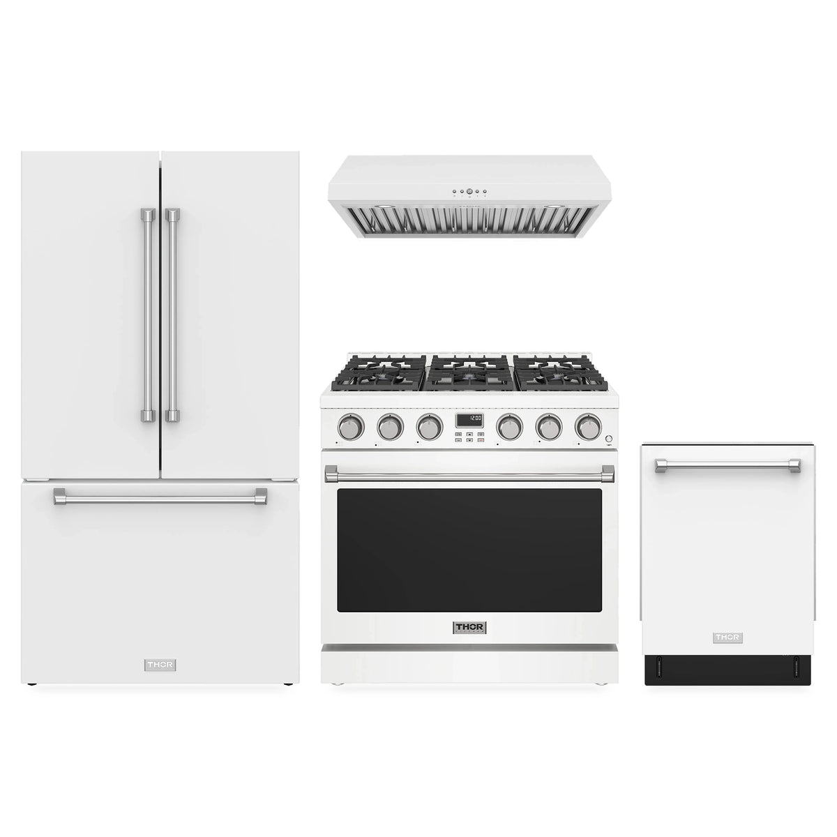 Thor Kitchen 4-Piece Appliance Package - 36-Inch Natural Gas Range, Counter-Depth Refrigerator, Under Cabinet Hood, & Dishwasher in White