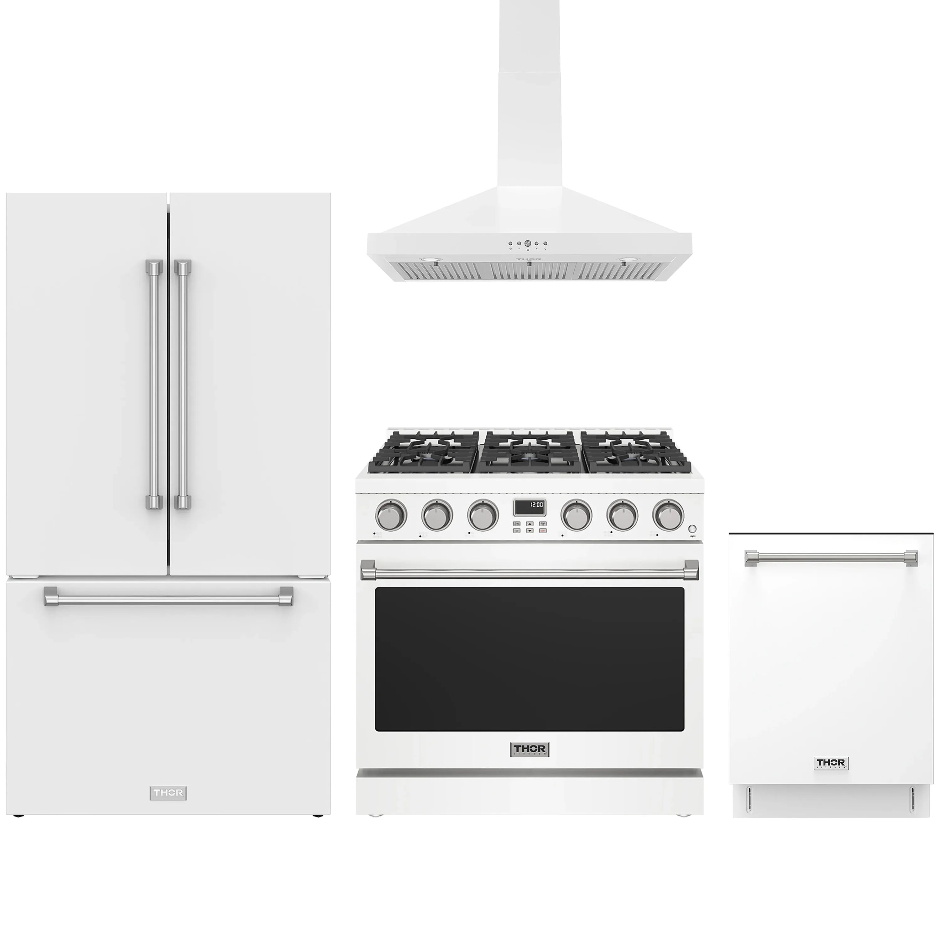 4-piece kitchen appliance package: white French door refrigerator, gas range, hood, dishwasher