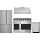Stainless steel Thor Kitchen appliance package with 48-inch range, range hood, counter-depth refrigerator, dishwasher