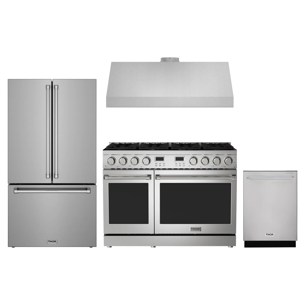 Thor Kitchen 4-Piece Appliance Package - 48-Inch Natural Gas Range, Counter-Depth Refrigerator, Under Cabinet Hood, & Dishwasher in Stainless Steel