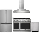 Stainless steel Thor Kitchen appliance package with 48-inch range, range hood, counter-depth refrigerator, dishwasher