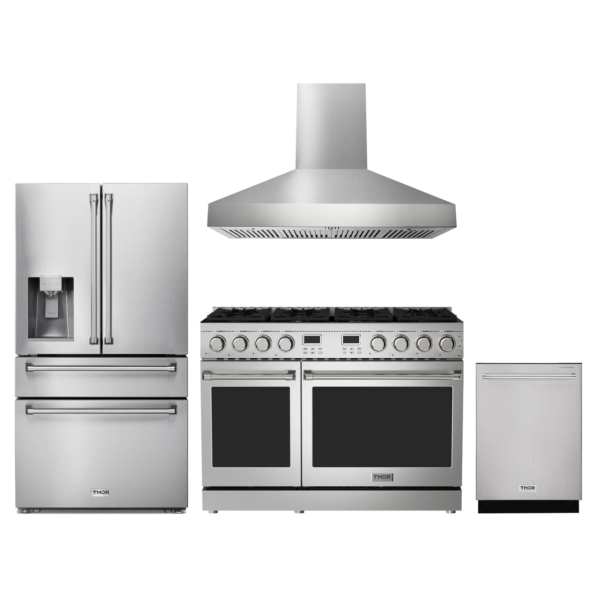 Thor Kitchen 4-Piece Appliance Package - 48-Inch Natural Gas Range, Refrigerator with Water Dispenser, Wall Mount Hood, & Dishwasher in Stainless Steel