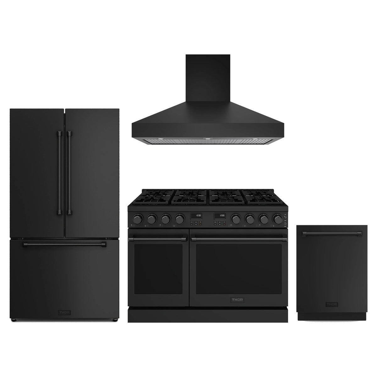 Thor Kitchen 4-Piece Appliance Package - 48-Inch Propane Gas Range, Counter-Depth Refrigerator, Wall Mount Hood, & Dishwasher in Black