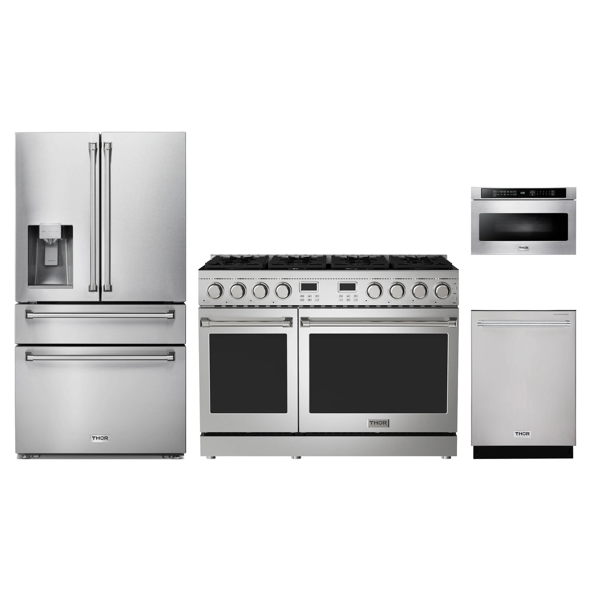 Thor Kitchen 4-Piece Appliance Package - 48-Inch Propane Gas Range, Refrigerator with Water Dispenser, Dishwasher, & Microwave Drawer in Stainless Steel