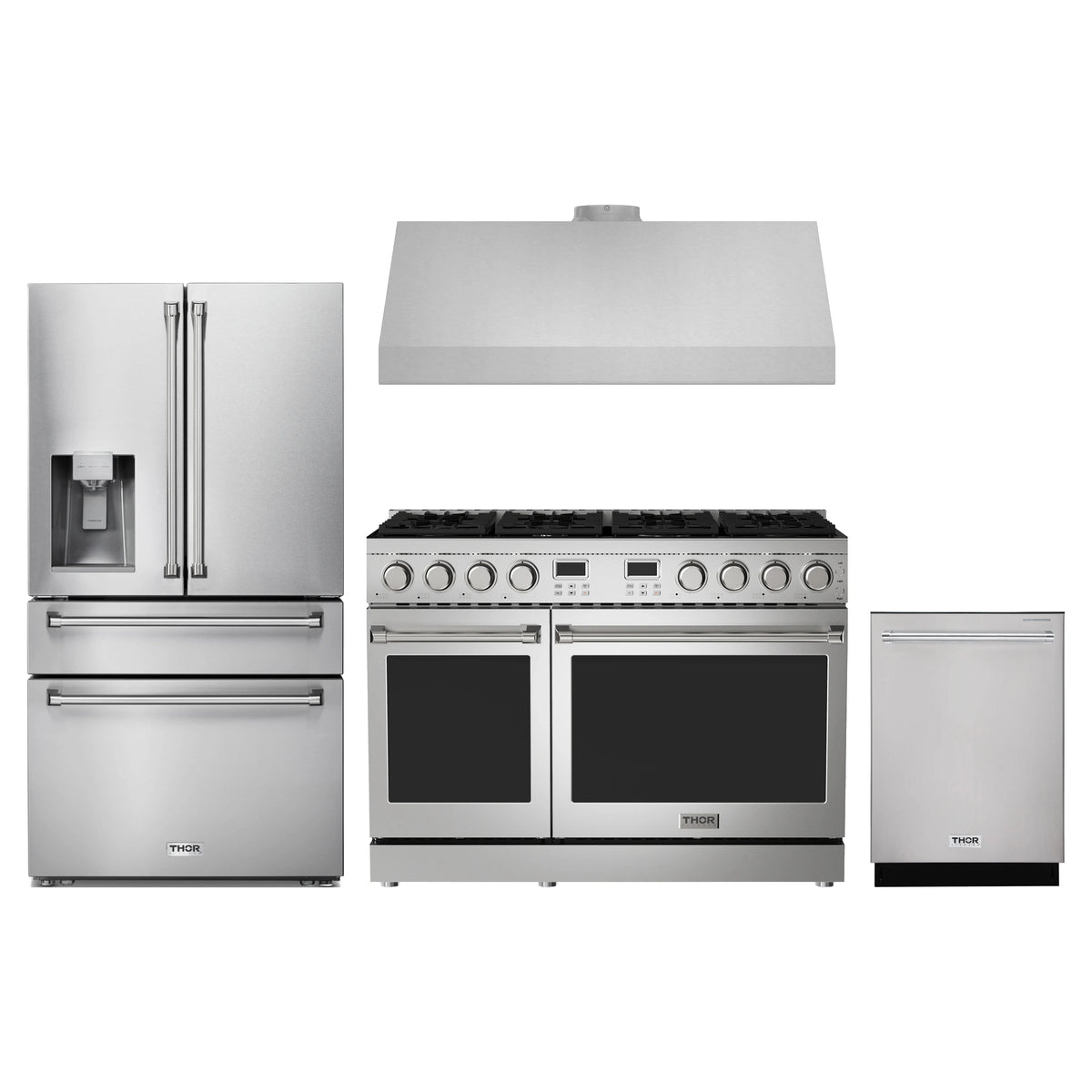 Thor Kitchen 4-Piece Appliance Package - 48-Inch Propane Gas Range, Refrigerator with Water Dispenser, Under Cabinet Hood, & Dishwasher in Stainless Steel