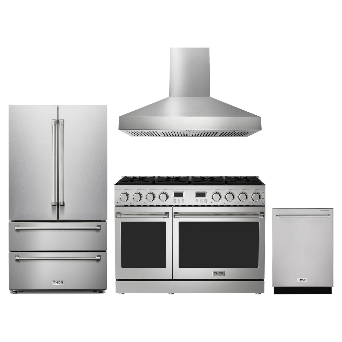 Thor Kitchen 4-Piece Appliance Package - 48-Inch Propane Gas Range, French Door Refrigerator, Wall Mount Hood, & Dishwasher in Stainless Steel
