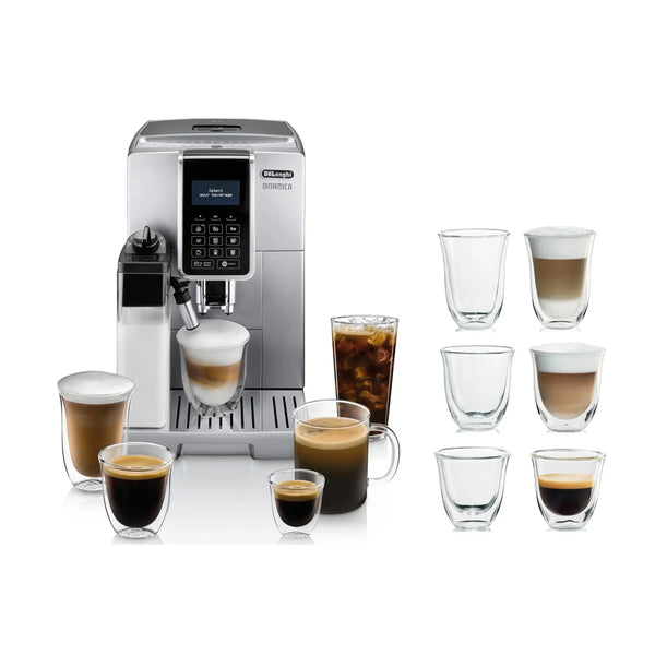 De'Longhi Package - Dinamica with LatteCrema Super Automatic Espresso Machine with Espresso Glass Set