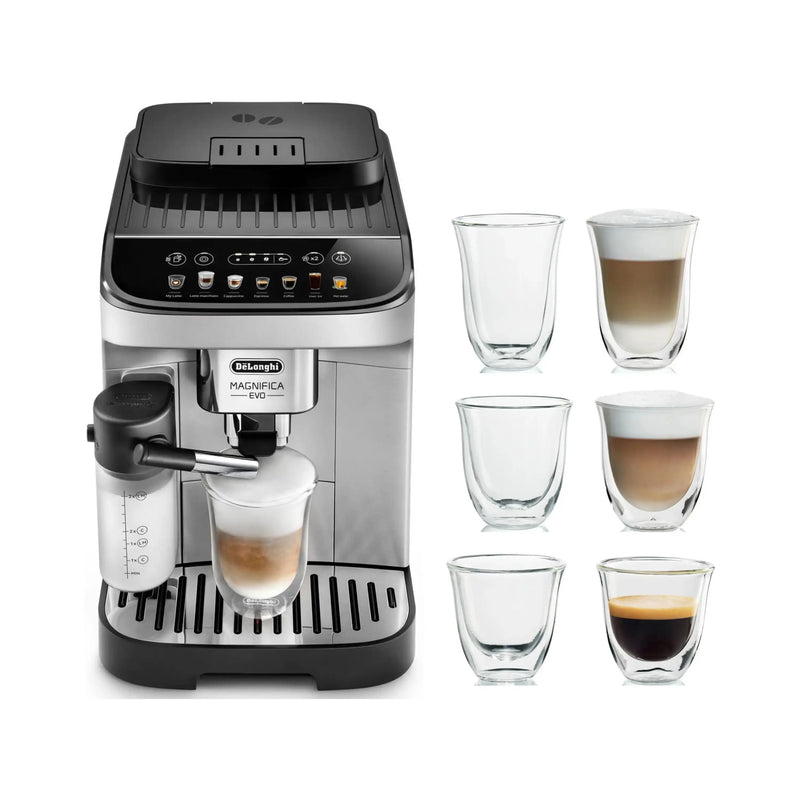 De'Longhi Package - Magnifica Evo with LatteCrema System with Espresso Glass Set