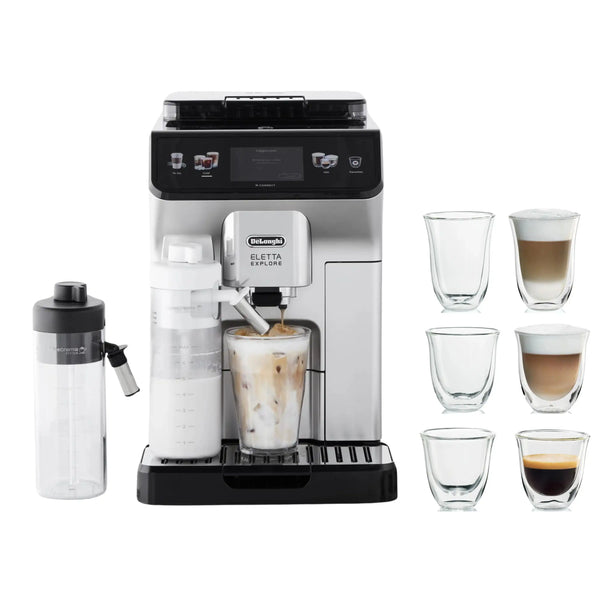 De'Longhi Package - Eletta Explore Fully Automatic Espresso Machine with Espresso Glass Set