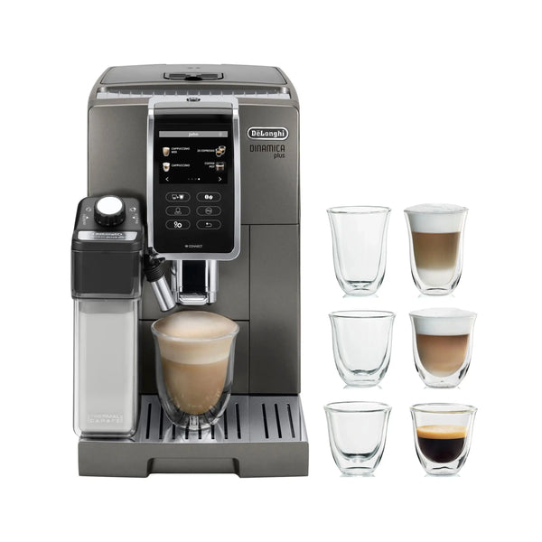 De'Longhi Package - Dinamica Plus, Smart Coffee and Espresso Super Automatic Machine with Espresso Glass Set