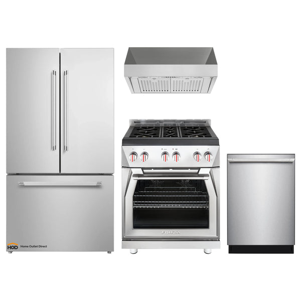 Forza 4-Piece Appliance Package - 30-Inch Gas Range, Pro-Style Range Hood, 24-Inch Dishwasher and Refrigerator in Stainless Steel