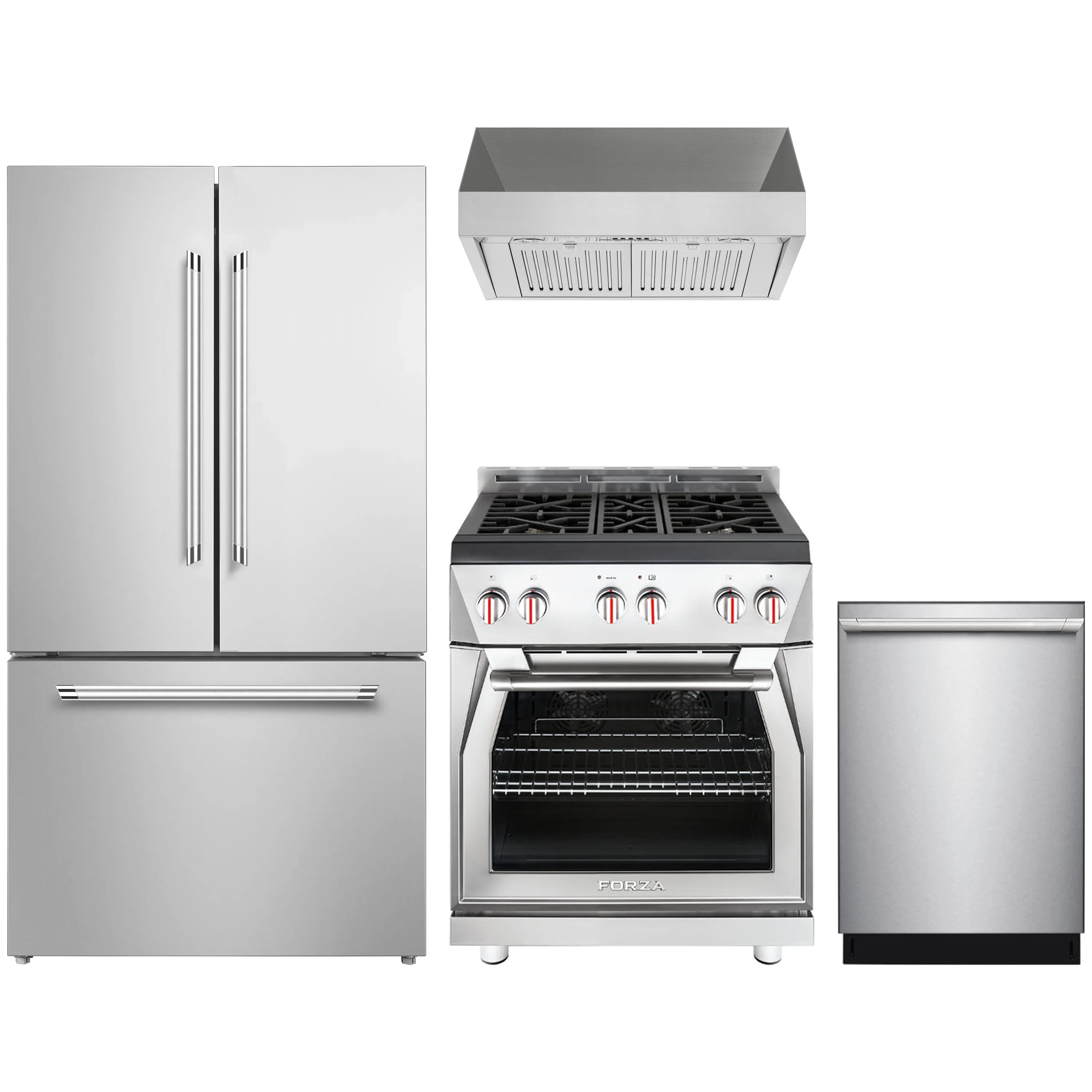 Stainless steel 4-piece appliance package with fridge, gas range, hood and dishwasher