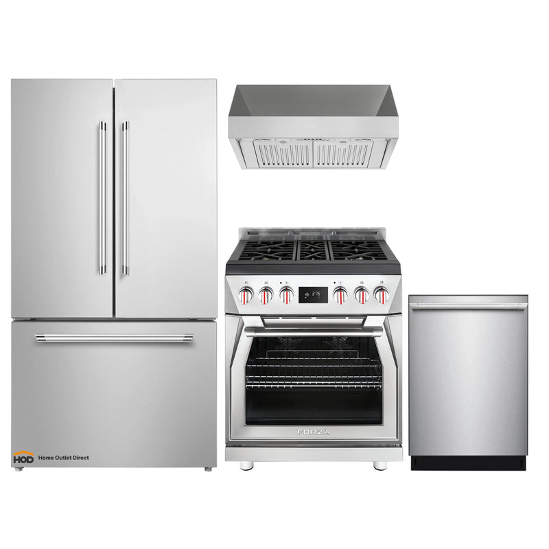 Forza 4-Piece Appliance Package - 30-Inch Dual Fuel Range, Pro-Style Range Hood, 24-Inch Dishwasher and Refrigerator in Stainless Steel