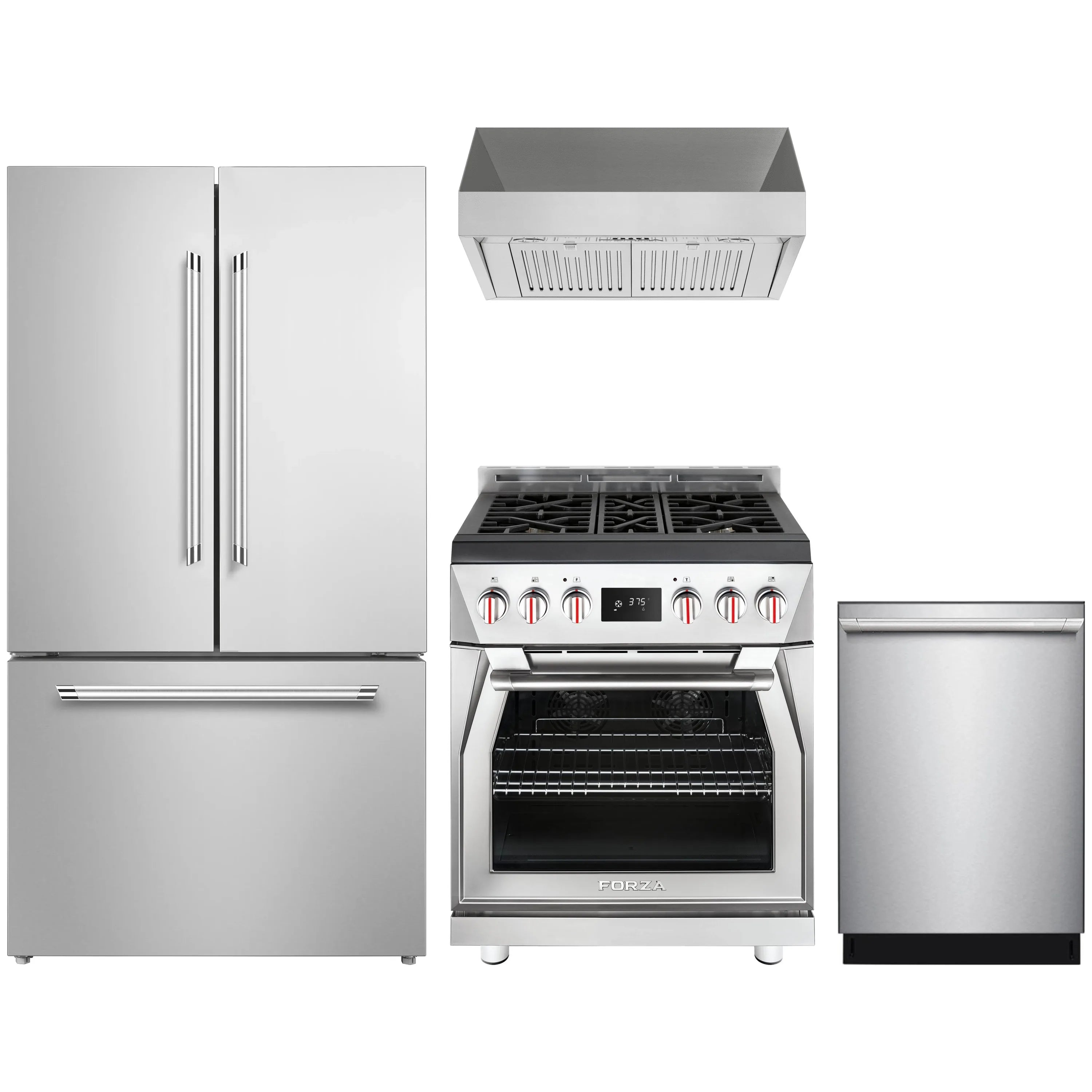 Stainless steel kitchen appliance package with refrigerator, range, hood, and dishwasher