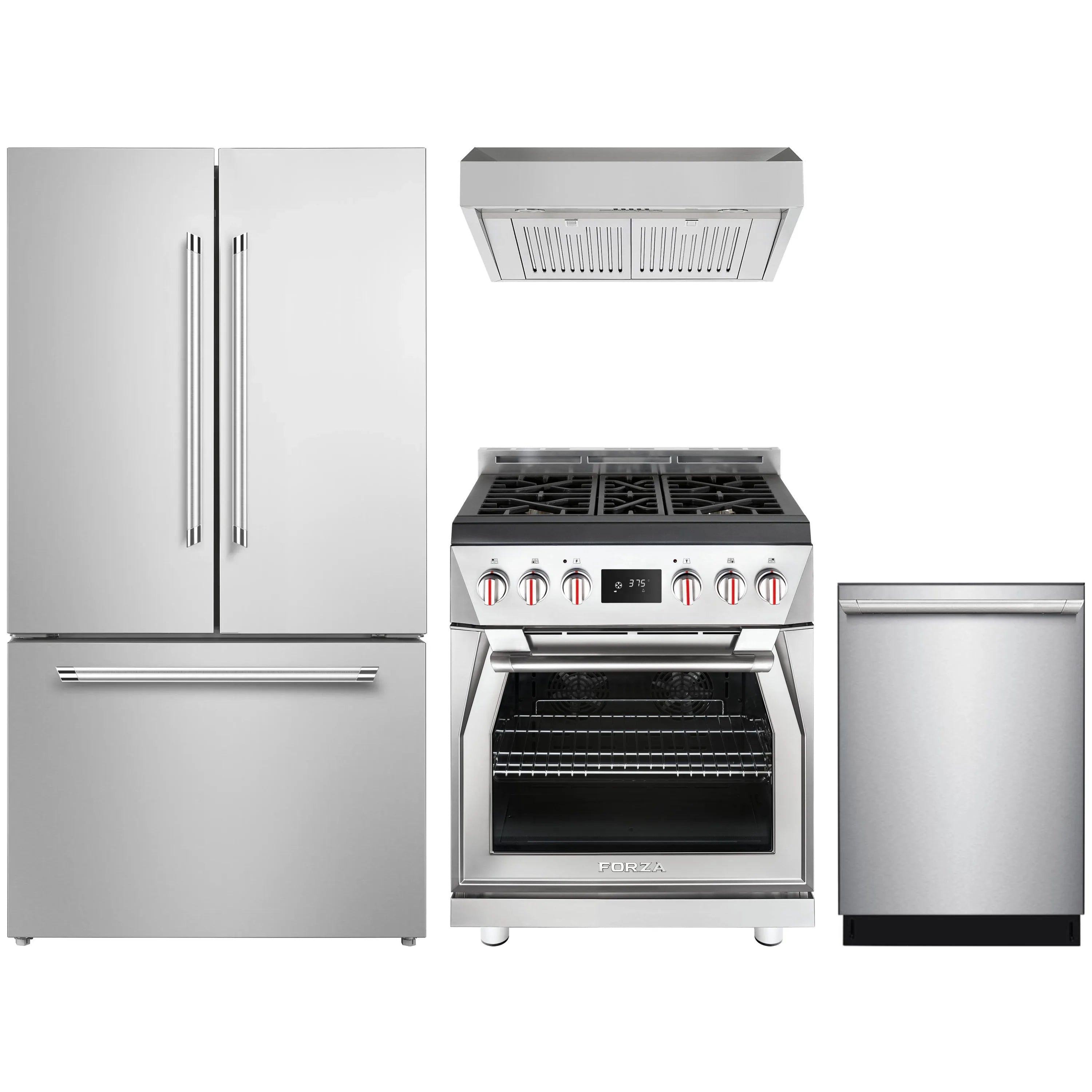 Stainless steel kitchen appliance package with refrigerator, pro hood, dual fuel range, dishwasher