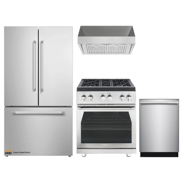 Forza 4-Piece Appliance Package - 30-Inch Gas Range, Pro-Style Range Hood, 24-Inch Dishwasher and Refrigerator in Stainless Steel