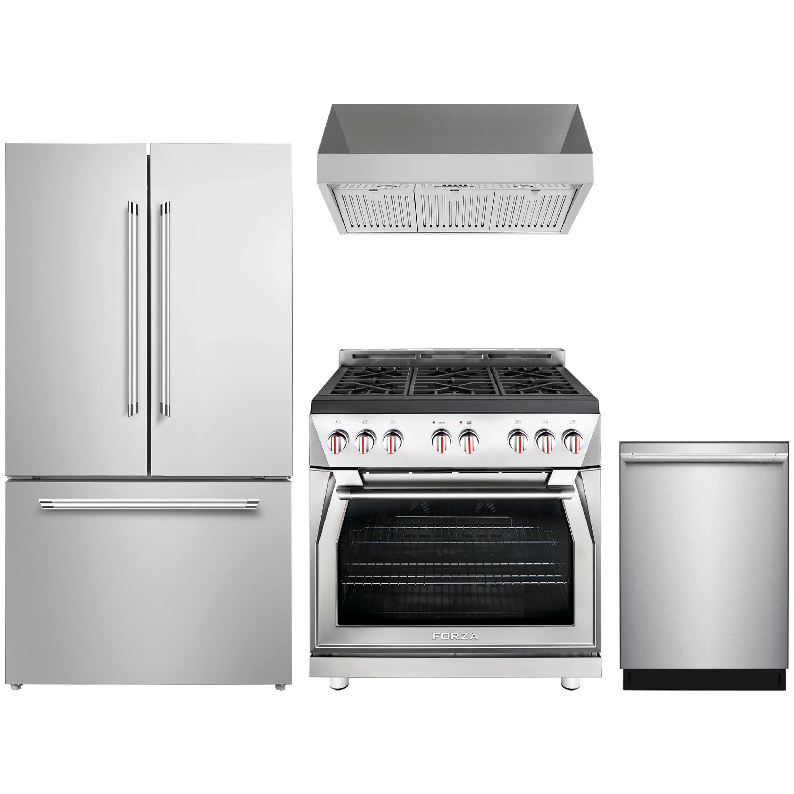 Stainless steel 4-piece kitchen appliance set: gas range, hood, fridge, dishwasher