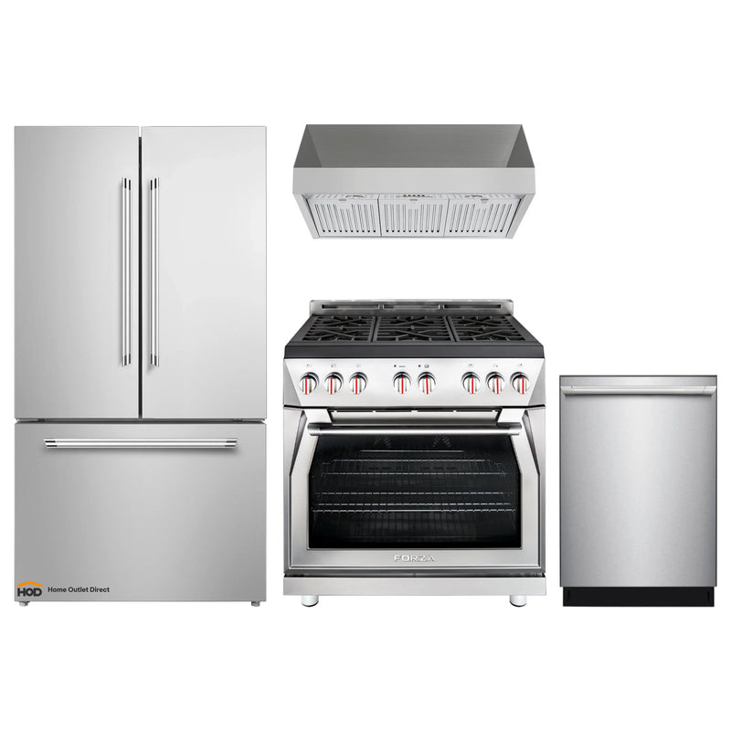 Forza 4-Piece Appliance Package - 36-Inch Gas Range, Pro-Style Range Hood, 24-Inch Dishwasher and Refrigerator in Stainless Steel