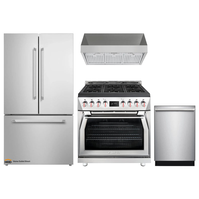 Forza 4-Piece Appliance Package - 36-Inch Dual Fuel Range, Pro-Style Range Hood, 24-Inch Dishwasher and Refrigerator in Stainless Steel