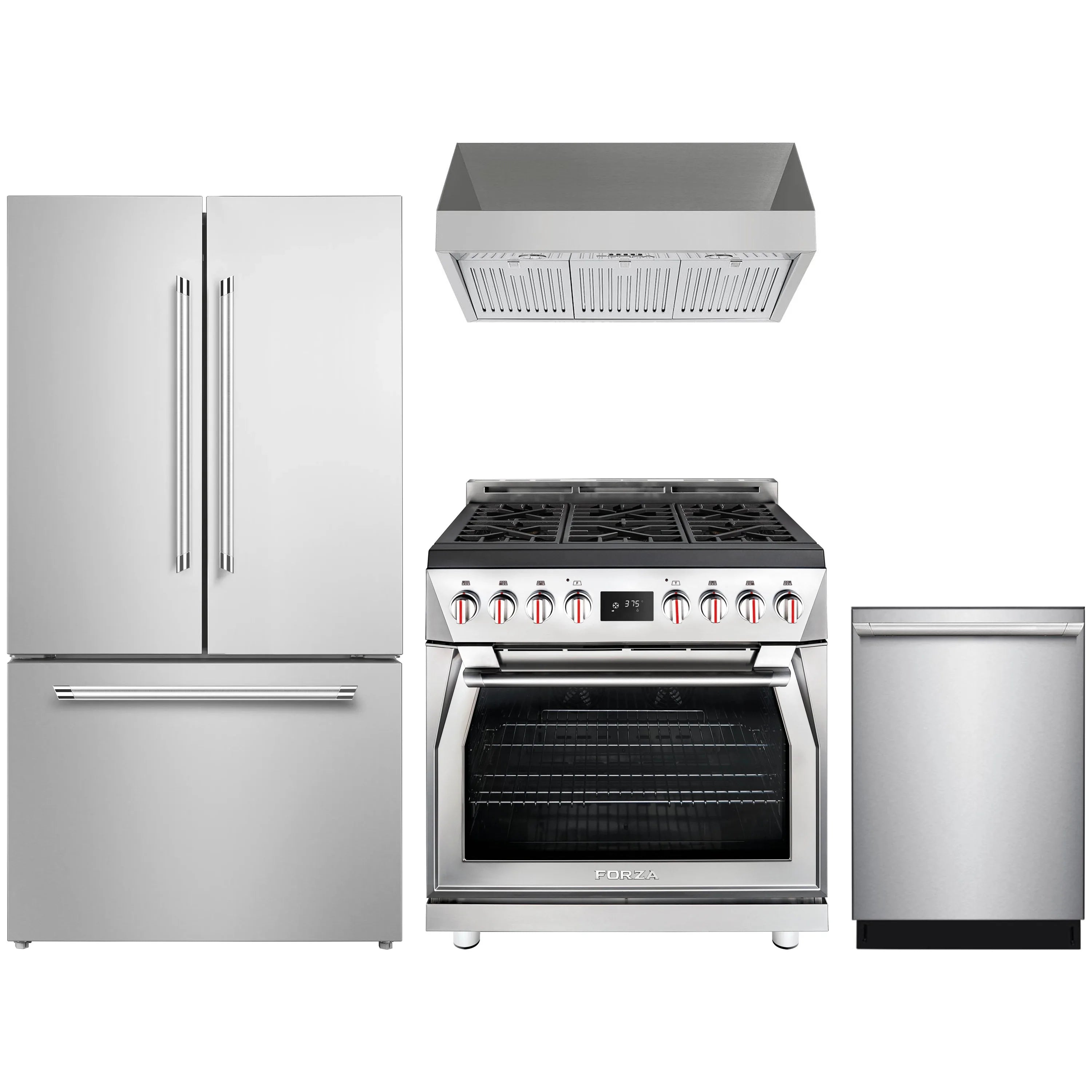 Stainless steel 4-piece appliance set: dual fuel range, hood, refrigerator, dishwasher