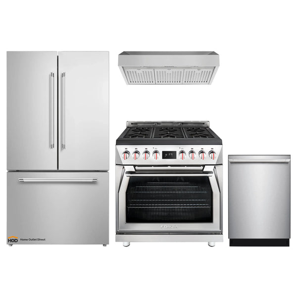 Forza 4-Piece Appliance Package - 36-Inch Dual Fuel Range, Under Cabinet Range Hood, 24-Inch Dishwasher and Refrigerator in Stainless Steel