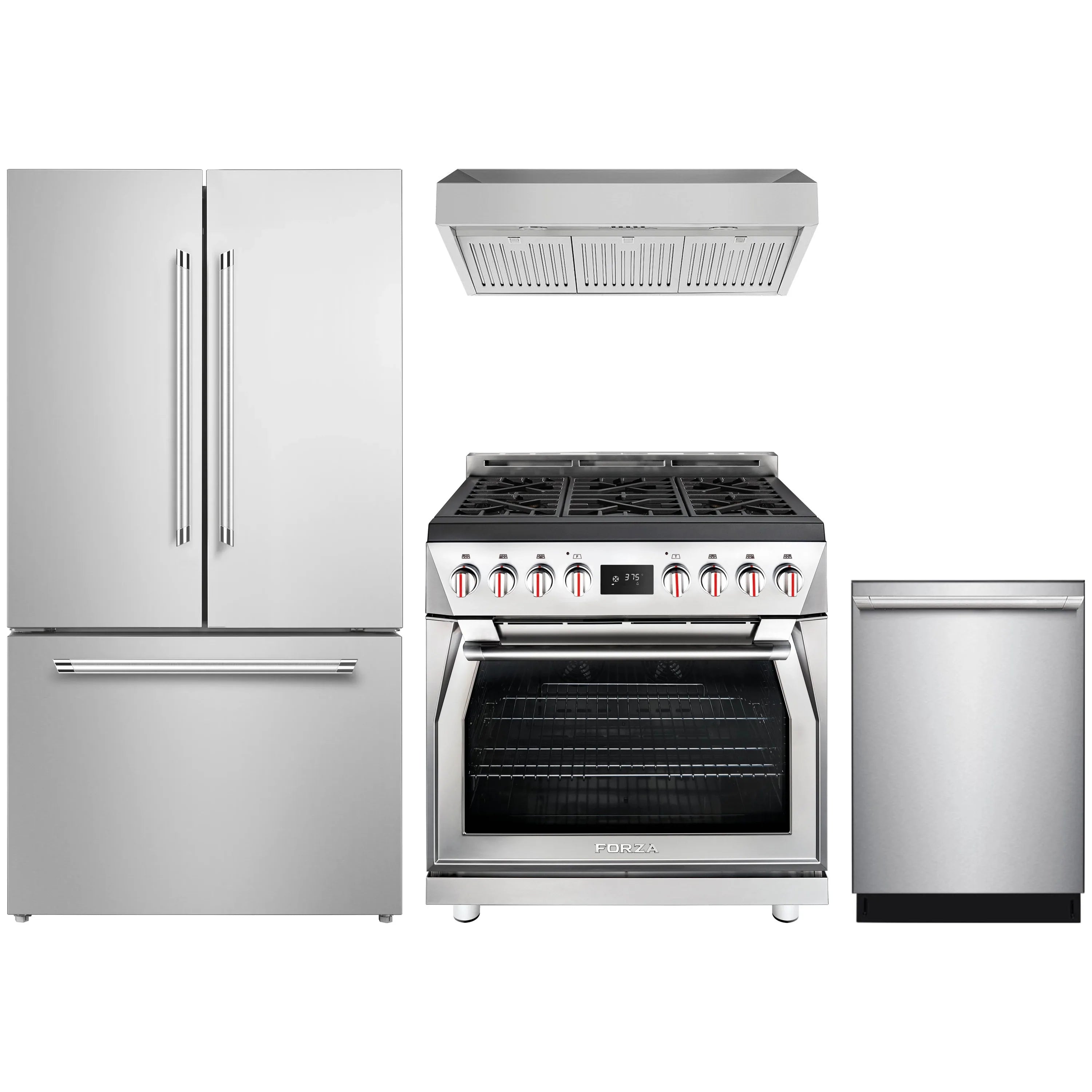 Stainless steel 4-piece kitchen appliance set: dual-fuel range, hood, fridge, dishwasher