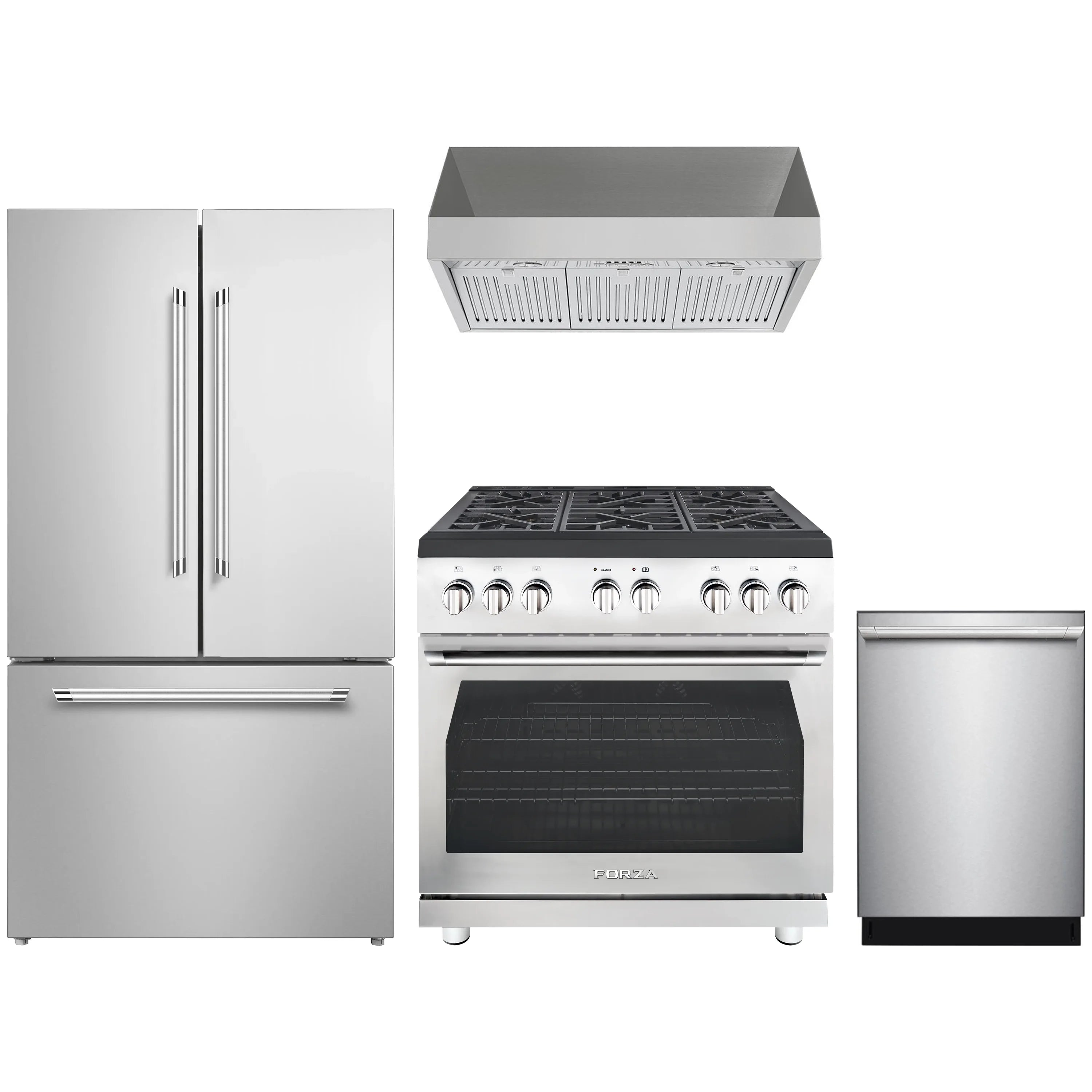 4-piece stainless appliance package with range, hood, dishwasher, and refrigerator