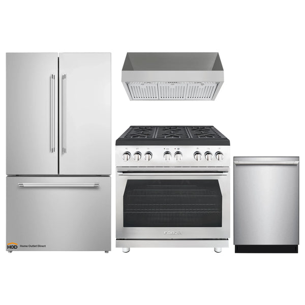 Forza 4-Piece Appliance Package - 36-Inch Gas Range, Under Cabinet Range Hood, 24-Inch Dishwasher and Refrigerator in Stainless Steel