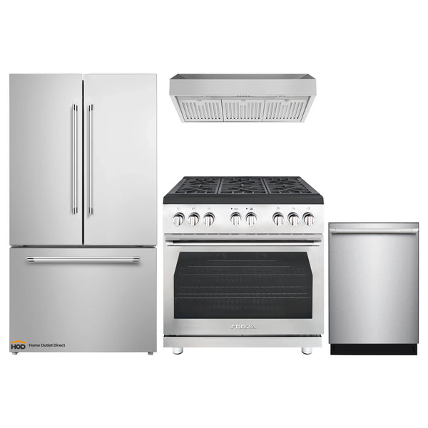 Forza 4-Piece Appliance Package - 36-Inch Gas Range, Under Cabinet Range Hood, 24-Inch Dishwasher and Refrigerator in Stainless Steel