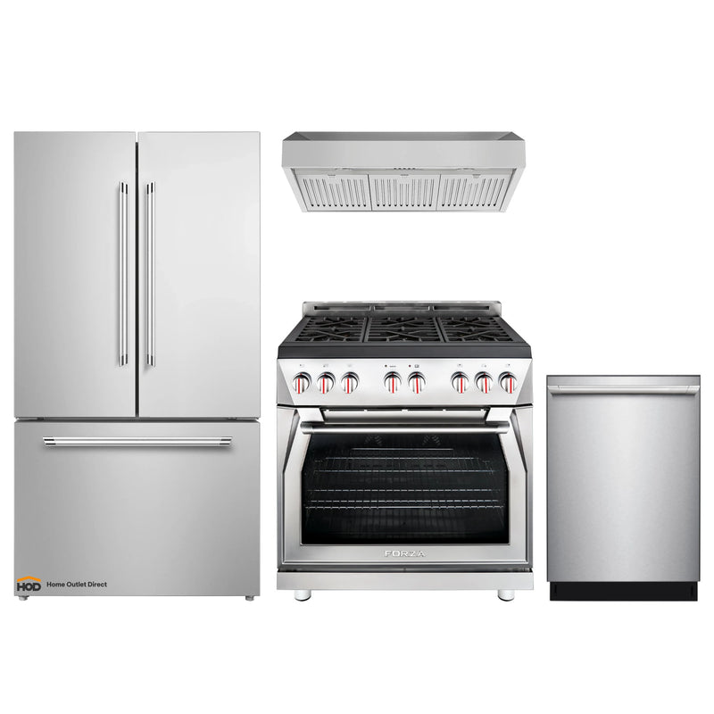 Forza 4-Piece Appliance Package - 36-Inch Gas Range, Under Cabinet Range Hood, 24-Inch Dishwasher and Refrigerator in Stainless Steel