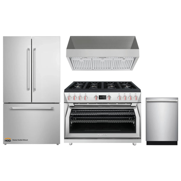 Forza 4-Piece Appliance Package - 48-Inch Dual Fuel Range, Pro-Style Range Hood, 24-Inch Dishwasher and Refrigerator in Stainless Steel