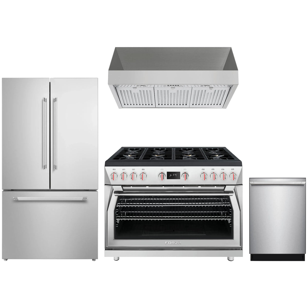Stainless steel 4-piece appliance package with range hood, dual fuel range, dishwasher and fridge
