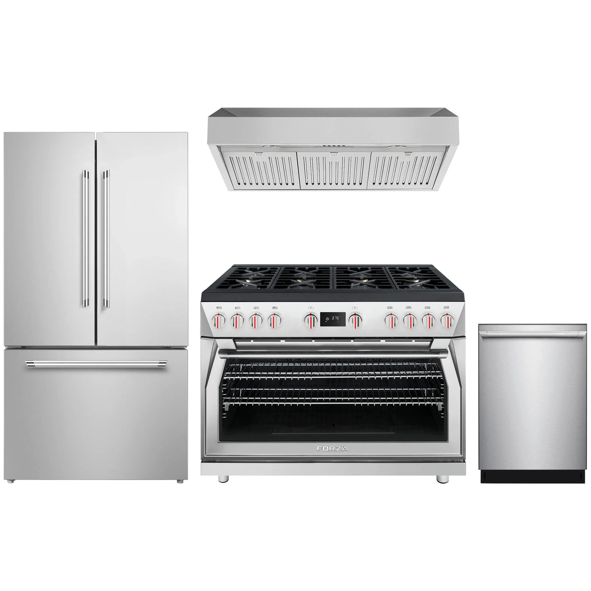 Stainless 4-piece appliance package with range hood, dual fuel range, dishwasher and refrigerator