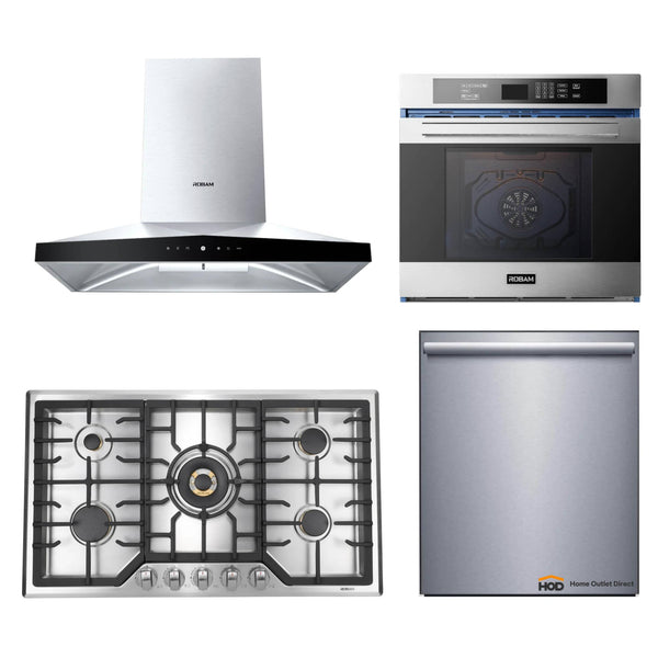 ROBAM 4-Piece Appliance Package - 36-Inch 5 Burners Gas Cooktop, Wall Mounted Range Hood, Dishwasher and Wall Oven in Stainless Steel