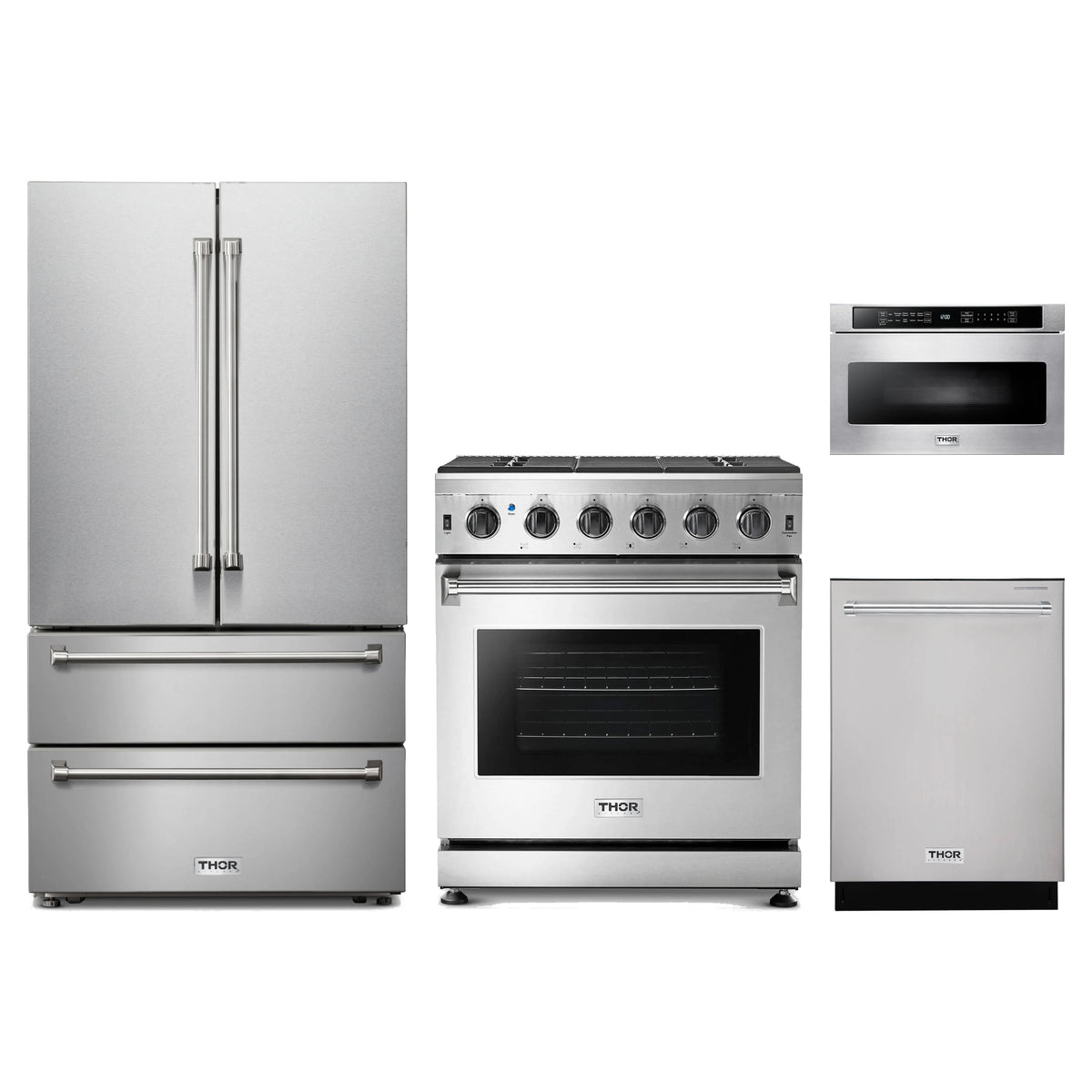 Thor Kitchen 4-Piece Appliance Package - 30-Inch Natural Gas Range, French Door Refrigerator, Dishwasher, & Microwave Drawer in Stainless Steel