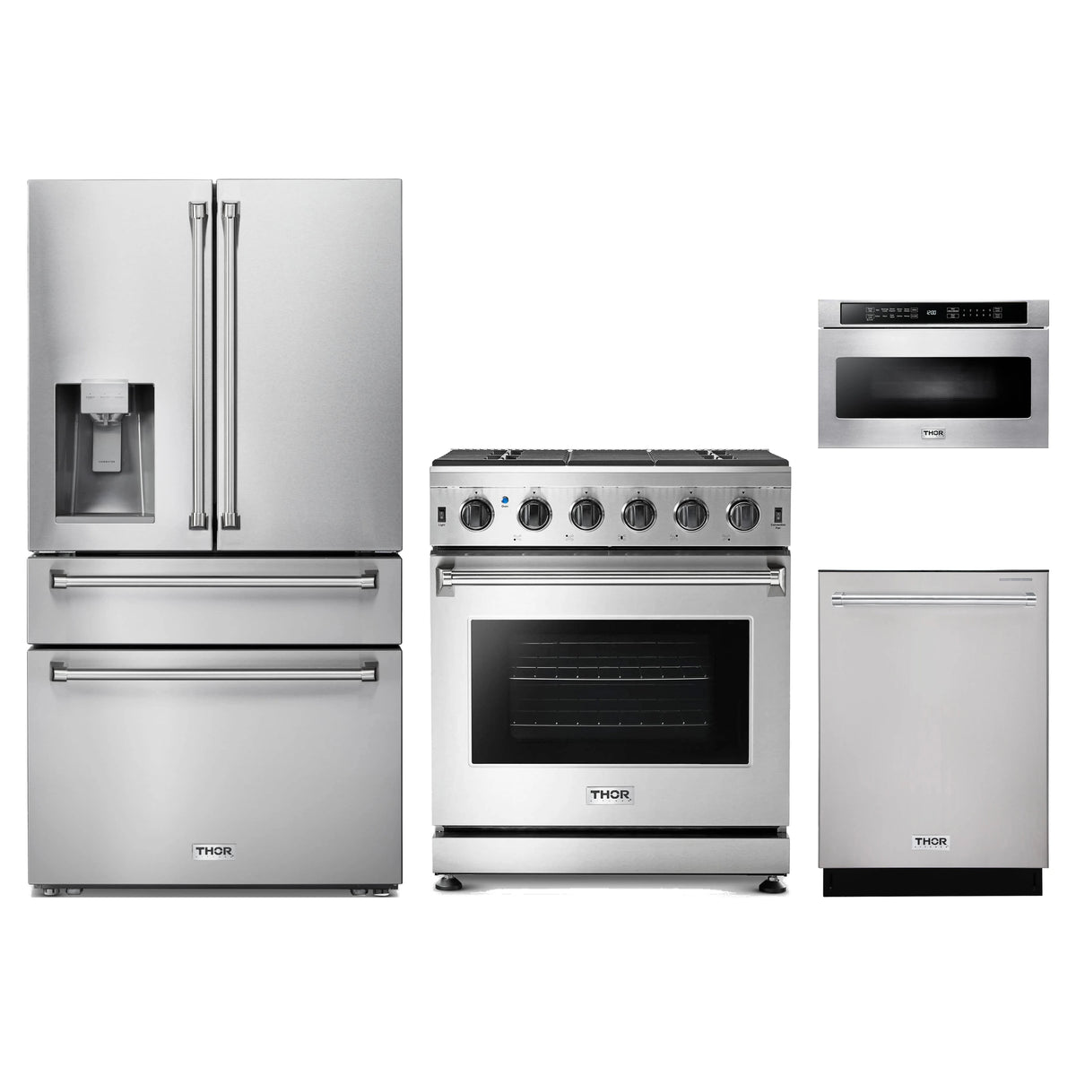 Thor Kitchen 4-Piece Appliance Package - 30-Inch Natural Gas Range, Refrigerator with Water Dispenser, Dishwasher, & Microwave Drawer in Stainless Steel