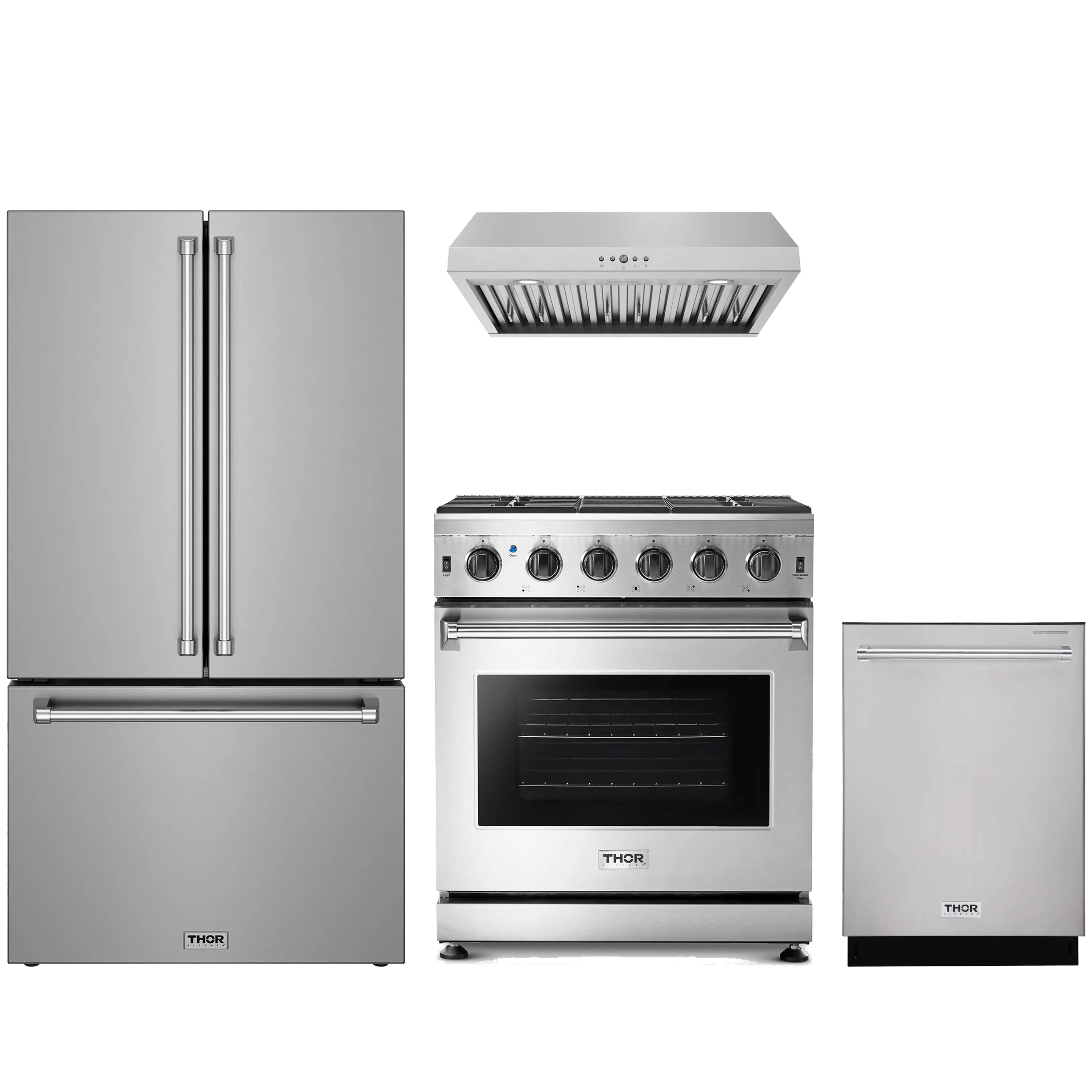 Stainless steel 4-piece kitchen appliance package with refrigerator, range, hood, and dishwasher