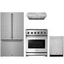 Stainless steel Thor Kitchen appliance package with 30-inch range, range hood, counter-depth refrigerator, dishwasher