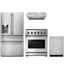 Stainless steel Thor Kitchen appliance package with 30-inch range, range hood, refrigerator with water dispenser, dishwasher