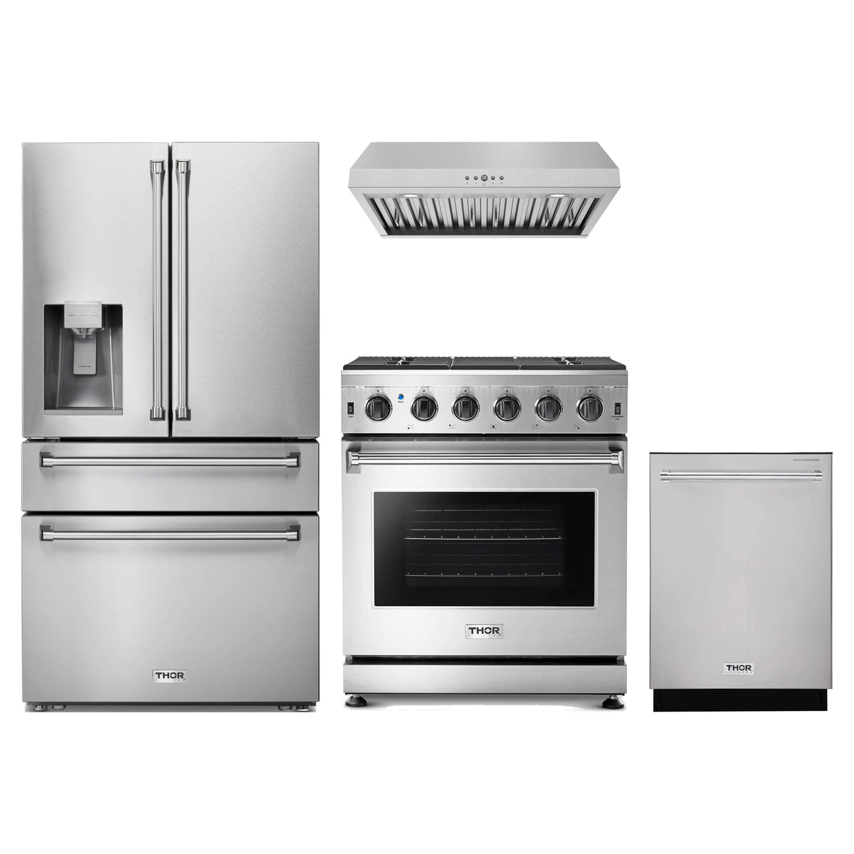 Thor Kitchen 4-Piece Appliance Package - 30-Inch Natural Gas Range, Refrigerator with Water Dispenser, Under Cabinet Hood, & Dishwasher in Stainless Steel