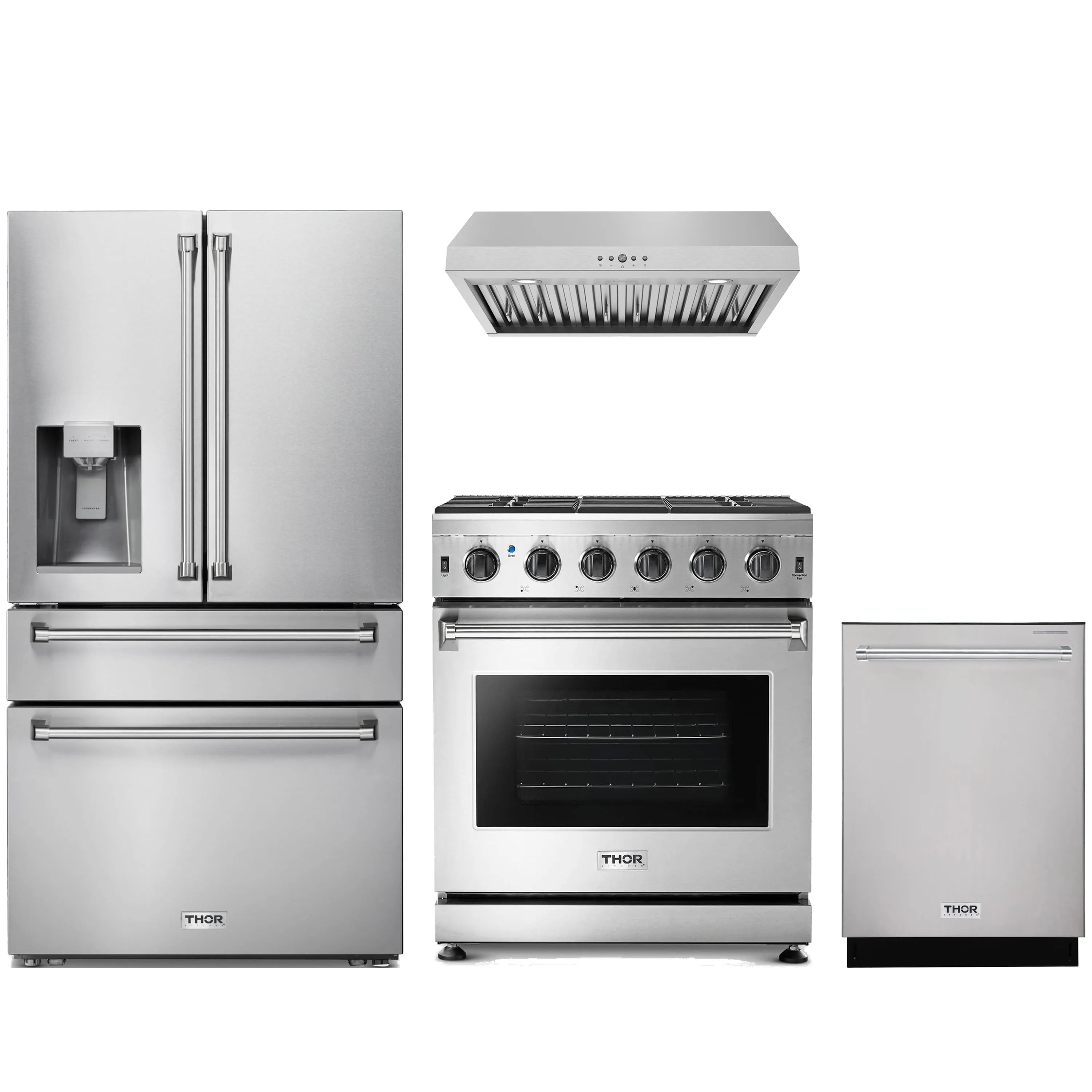 Stainless steel kitchen appliance package with refrigerator, propane gas range, hood, and dishwasher