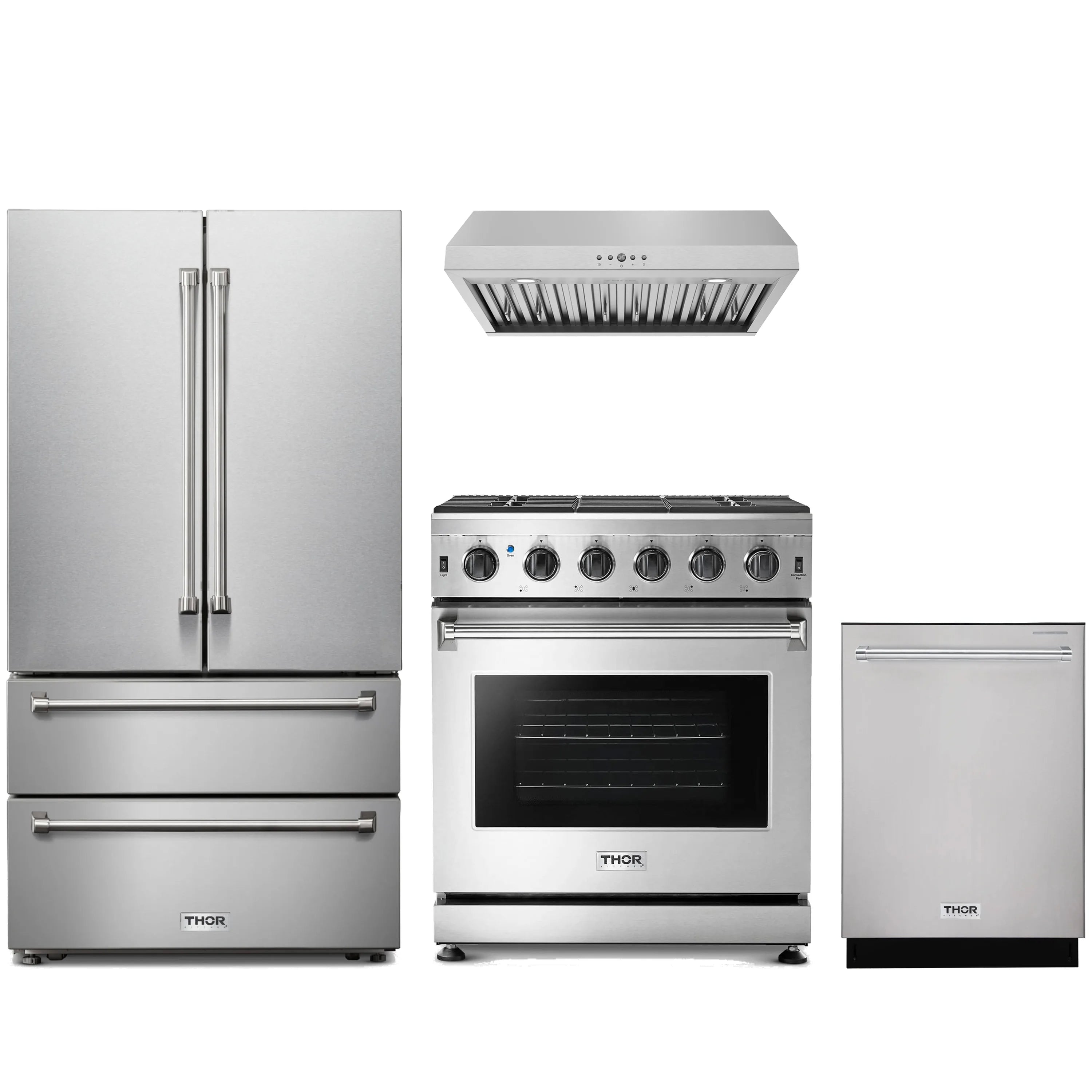 Stainless steel appliance package: refrigerator, gas range, dishwasher, and under-cabinet hood