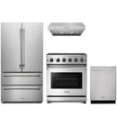 Stainless steel Thor Kitchen appliance package with 30-inch range, range hood, french door refrigerator, dishwasher