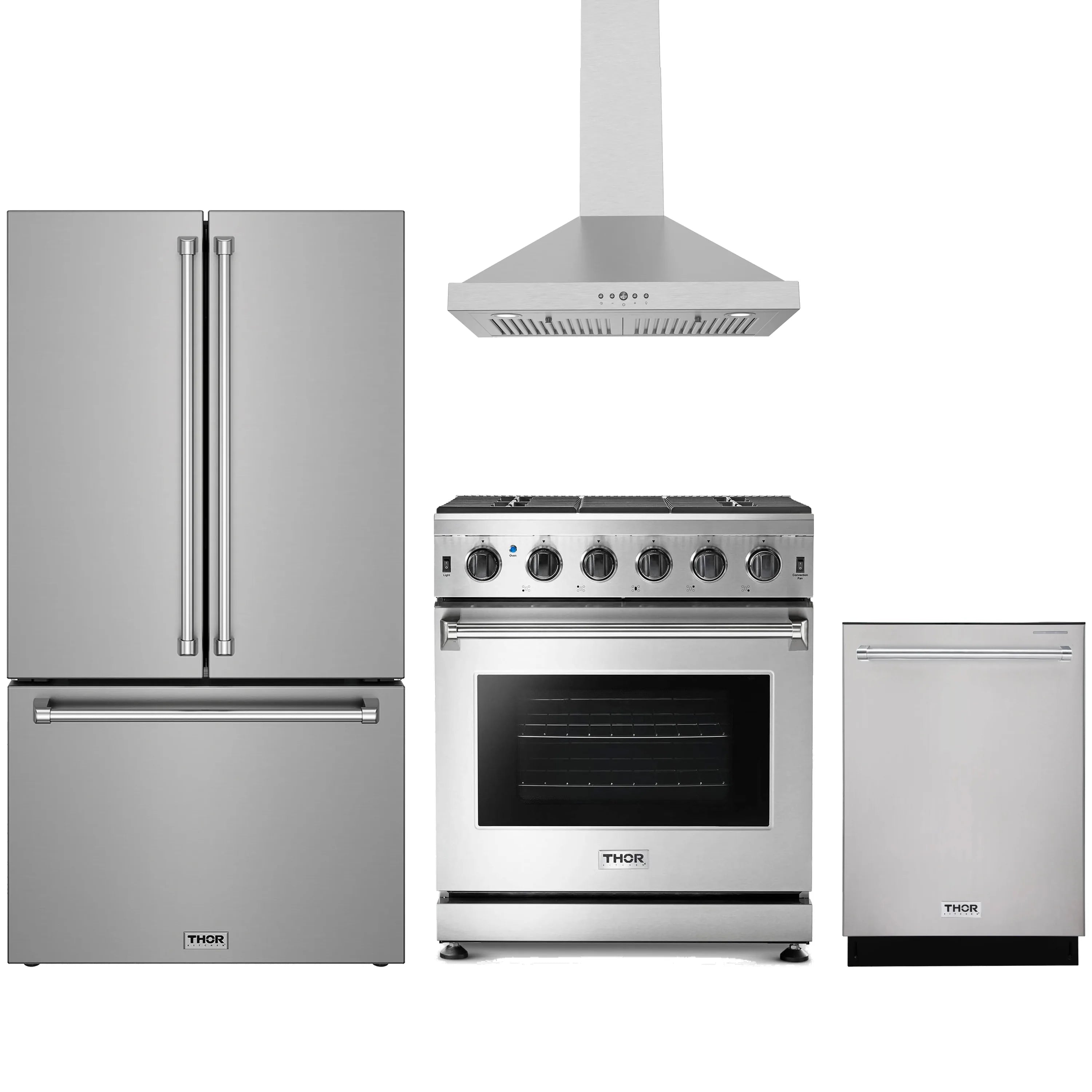 Stainless steel Thor gas range with flat cooktop, front control knobs and oven door