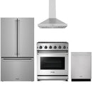 Stainless steel Thor Kitchen appliance package with 30-inch range, range hood, counter-depth refrigerator, dishwasher