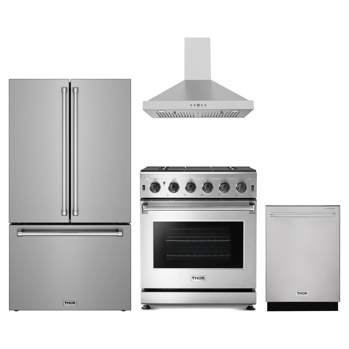 Thor Kitchen 4-Piece Appliance Package - 30-Inch Natural Gas Range, Counter-Depth Refrigerator, Wall Mount Hood, & Dishwasher in Stainless Steel