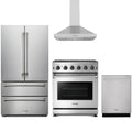 Thor Kitchen 4-Piece Appliance Package - 30-Inch Natural Gas Range, French Door Refrigerator, Wall Mount Hood, & Dishwasher in Stainless Steel