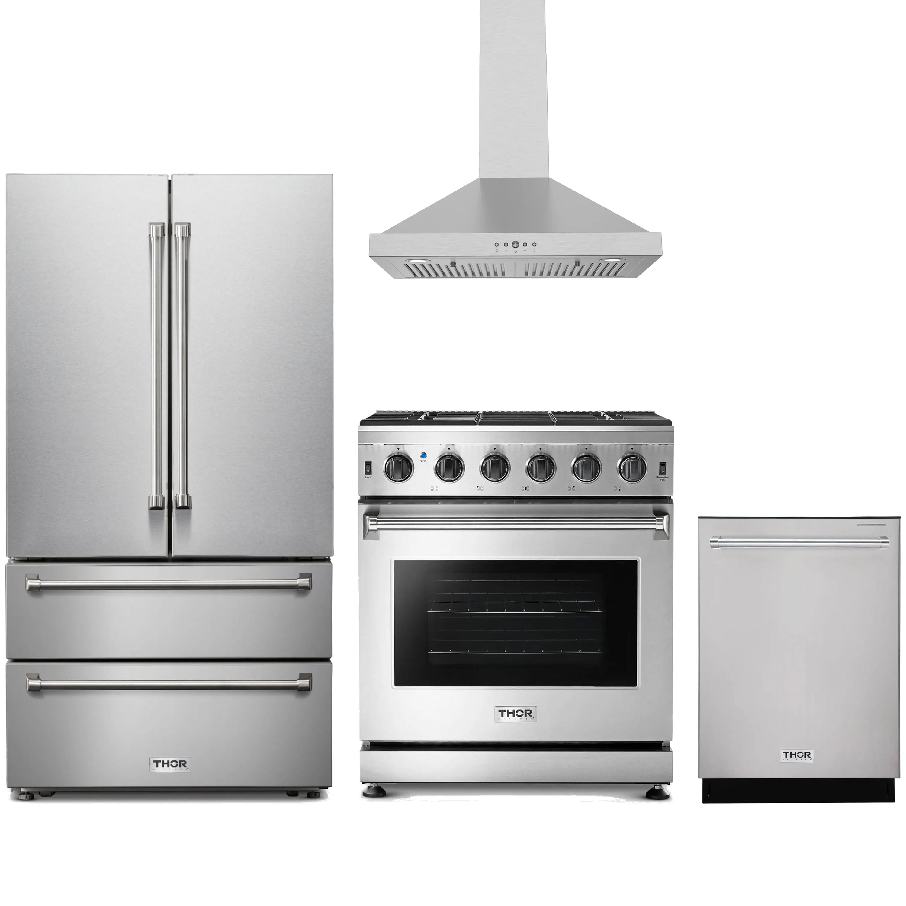Stainless steel Thor Kitchen appliance package with 30-inch range, range hood, french door refrigerator, dishwasher