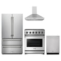 Thor Kitchen 4-Piece Appliance Package - 30-Inch Natural Gas Range, French Door Refrigerator, Wall Mount Hood, & Dishwasher in Stainless Steel